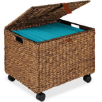 Mobile Water Hyacinth Rolling Filing Cabinet Storage Basket w/ Lid Wheels