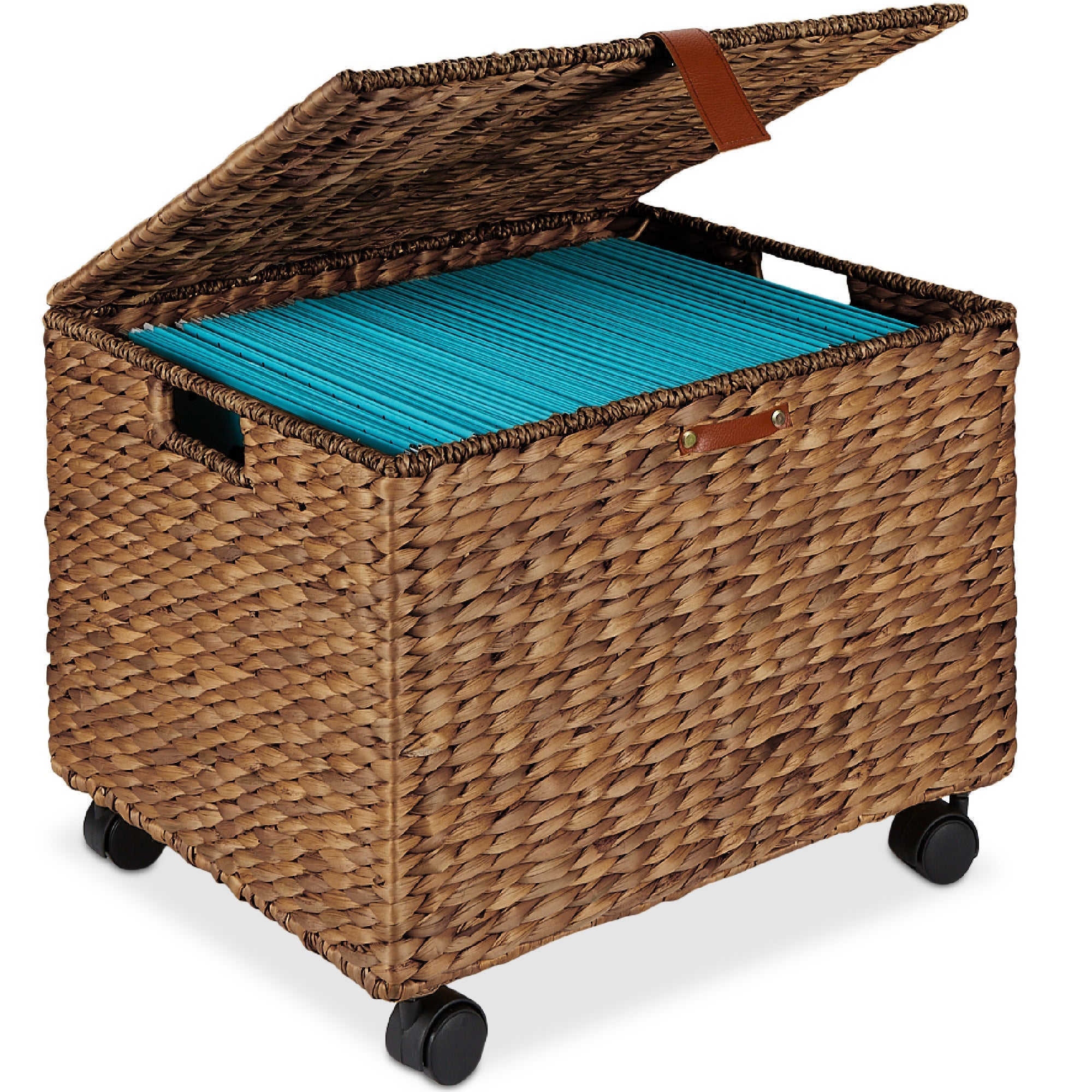 Mobile Water Hyacinth Rolling Filing Cabinet Storage Basket w/ Lid Wheels