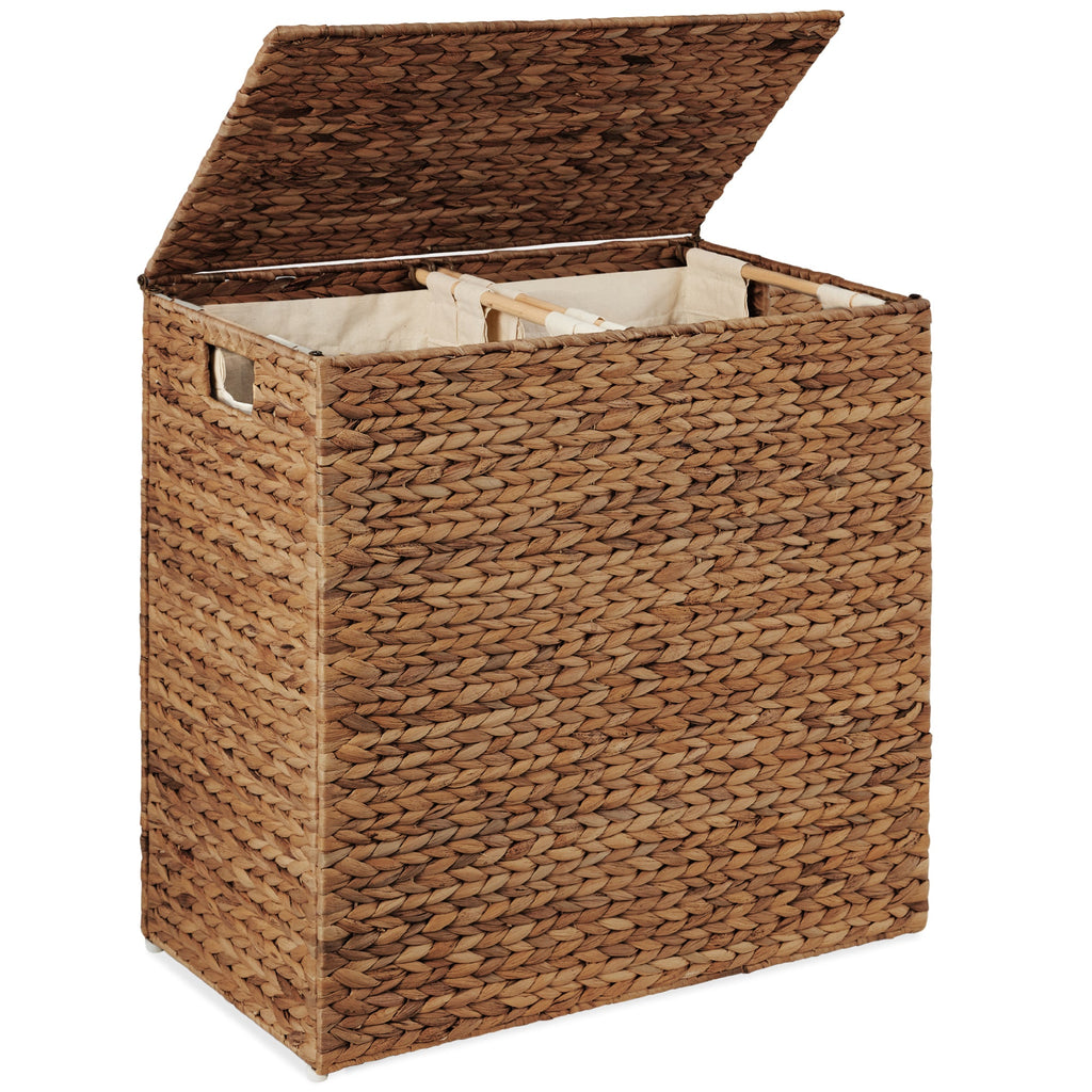 Large Water Hyacinth Double Laundry Hamper Basket w/ 2 Liner Bags