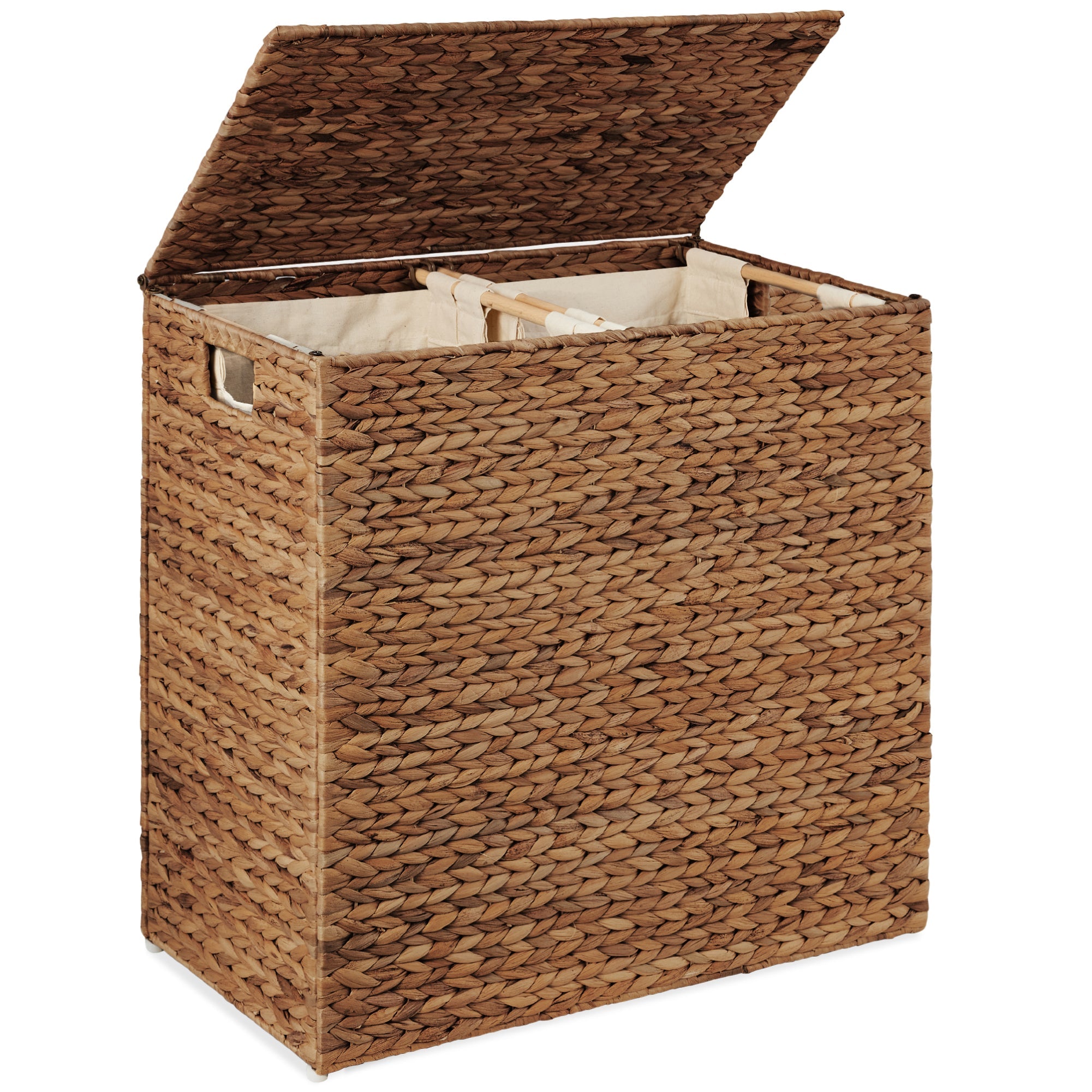 Large Water Hyacinth Double Laundry Hamper Basket w/ 2 Liner Bags