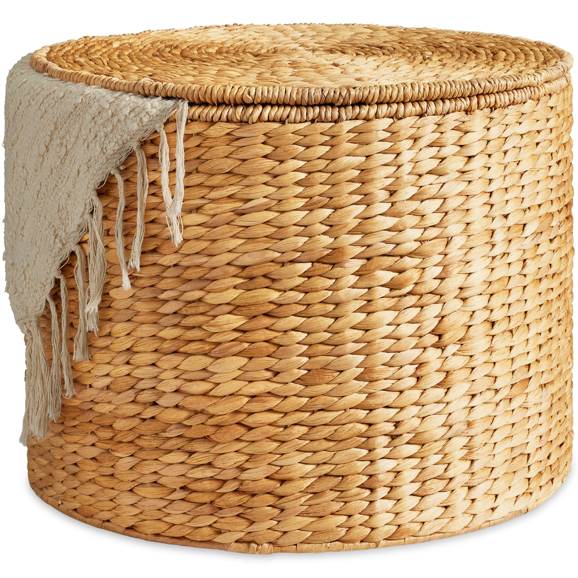 Large Round Storage Ottoman W/ Lid Handwoven Water Hyacinth Footstool