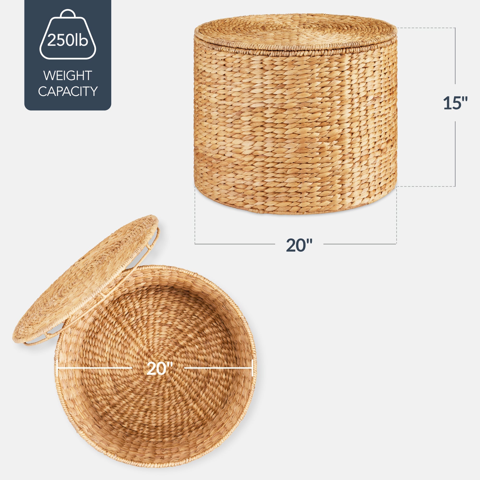 Large Round Storage Ottoman W/ Lid Handwoven Water Hyacinth Footstool