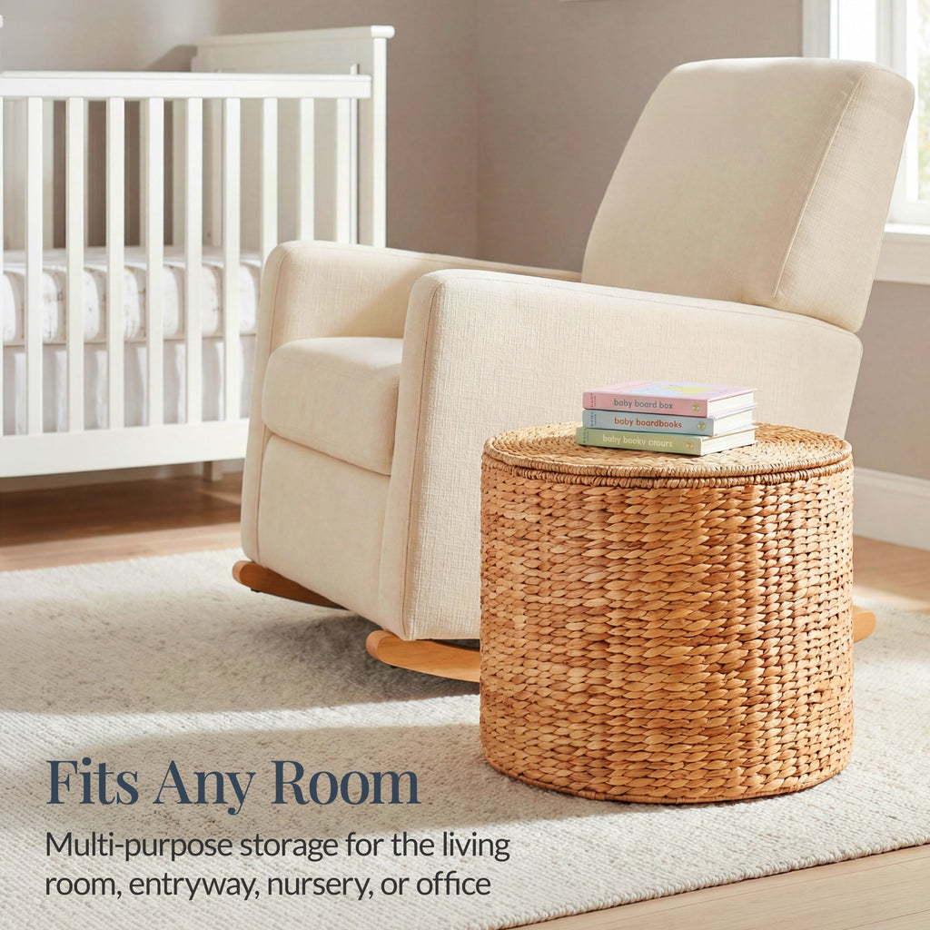 Large Round Storage Ottoman W/ Lid Handwoven Water Hyacinth Footstool