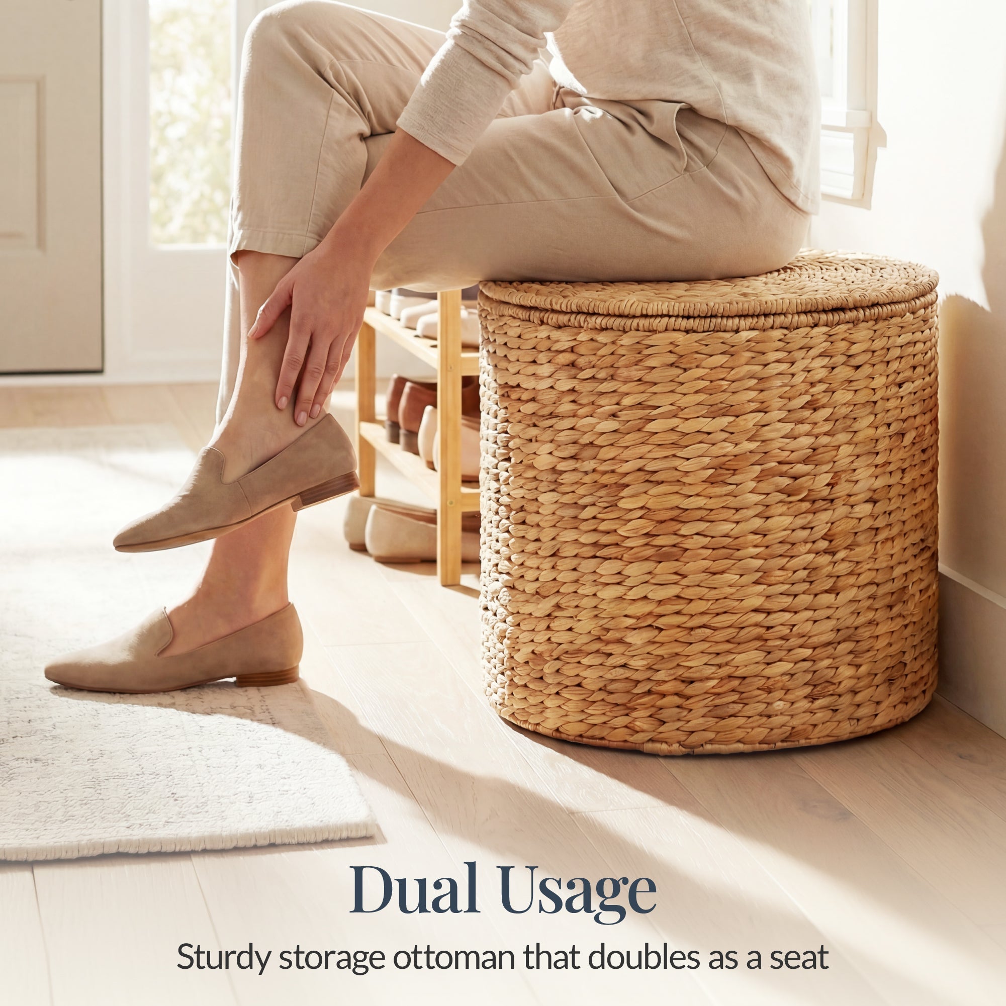 Large Round Storage Ottoman W/ Lid Handwoven Water Hyacinth Footstool