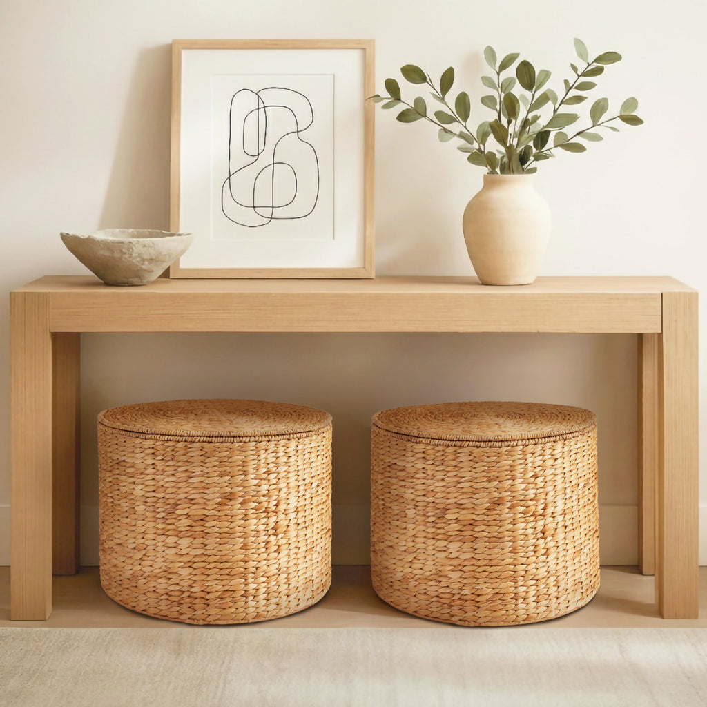 Large Round Storage Ottoman W/ Lid Handwoven Water Hyacinth Footstool