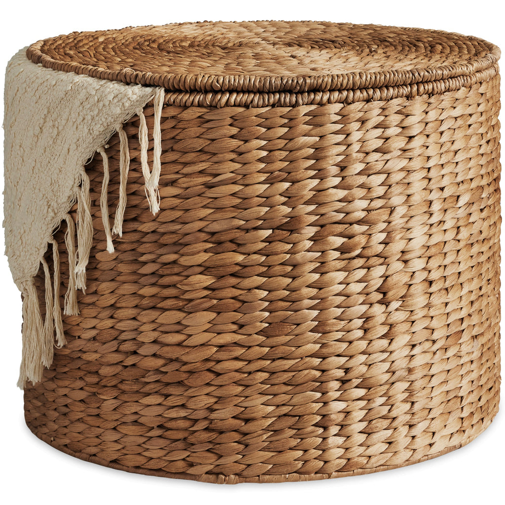 Large Round Storage Ottoman W/ Lid Handwoven Water Hyacinth Footstool