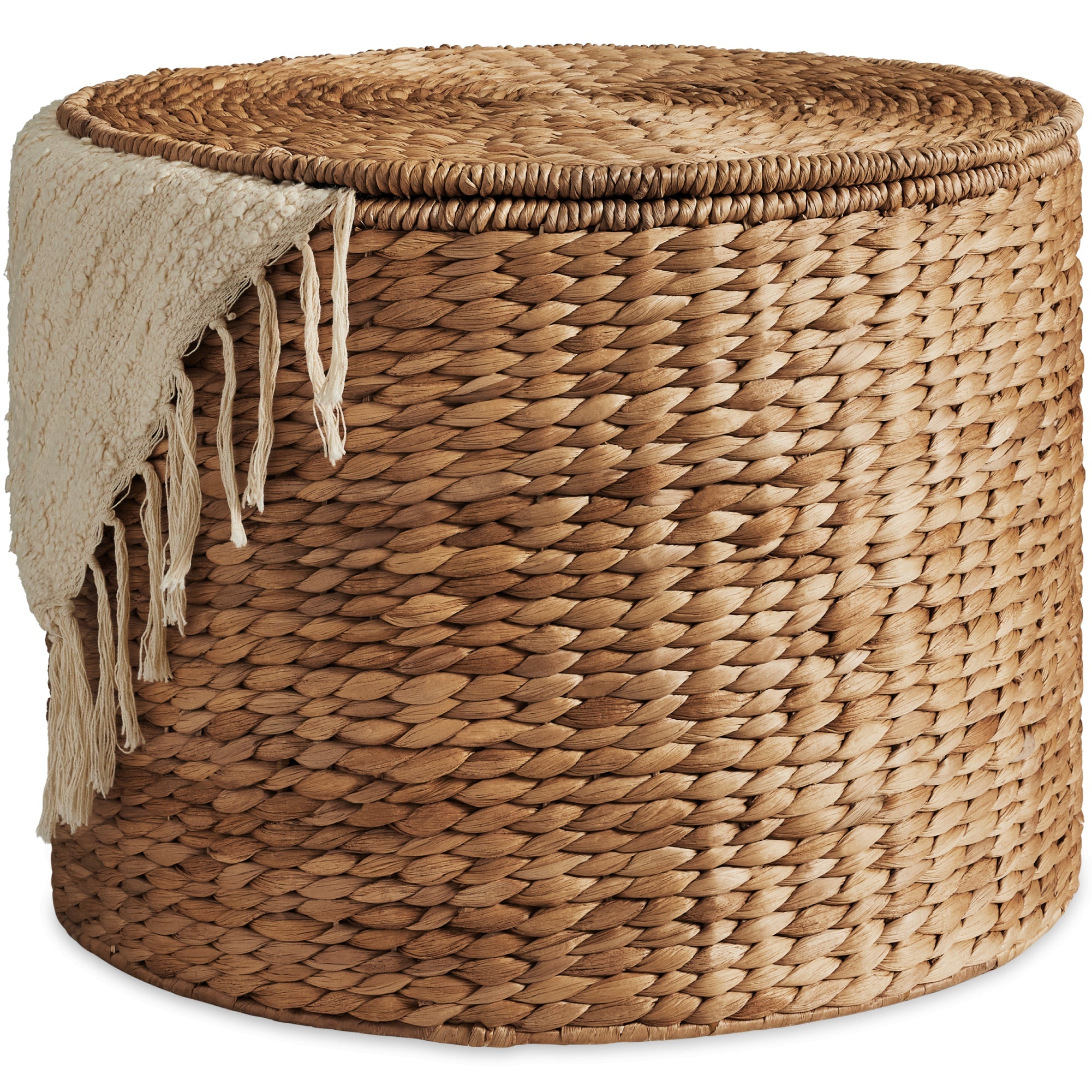 Large Round Storage Ottoman W/ Lid Handwoven Water Hyacinth Footstool