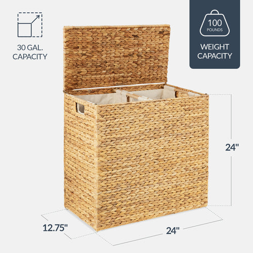 Large Water Hyacinth Double Laundry Hamper Basket w/ 2 Liner Bags