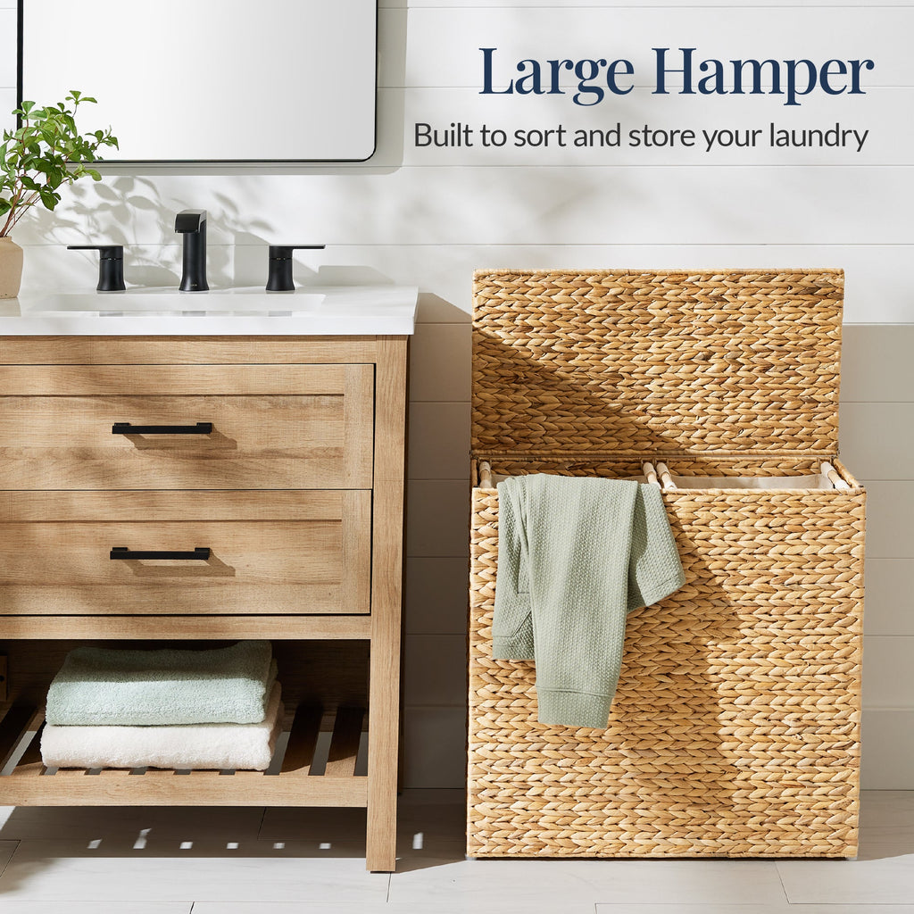 Large Water Hyacinth Double Laundry Hamper Basket w/ 2 Liner Bags