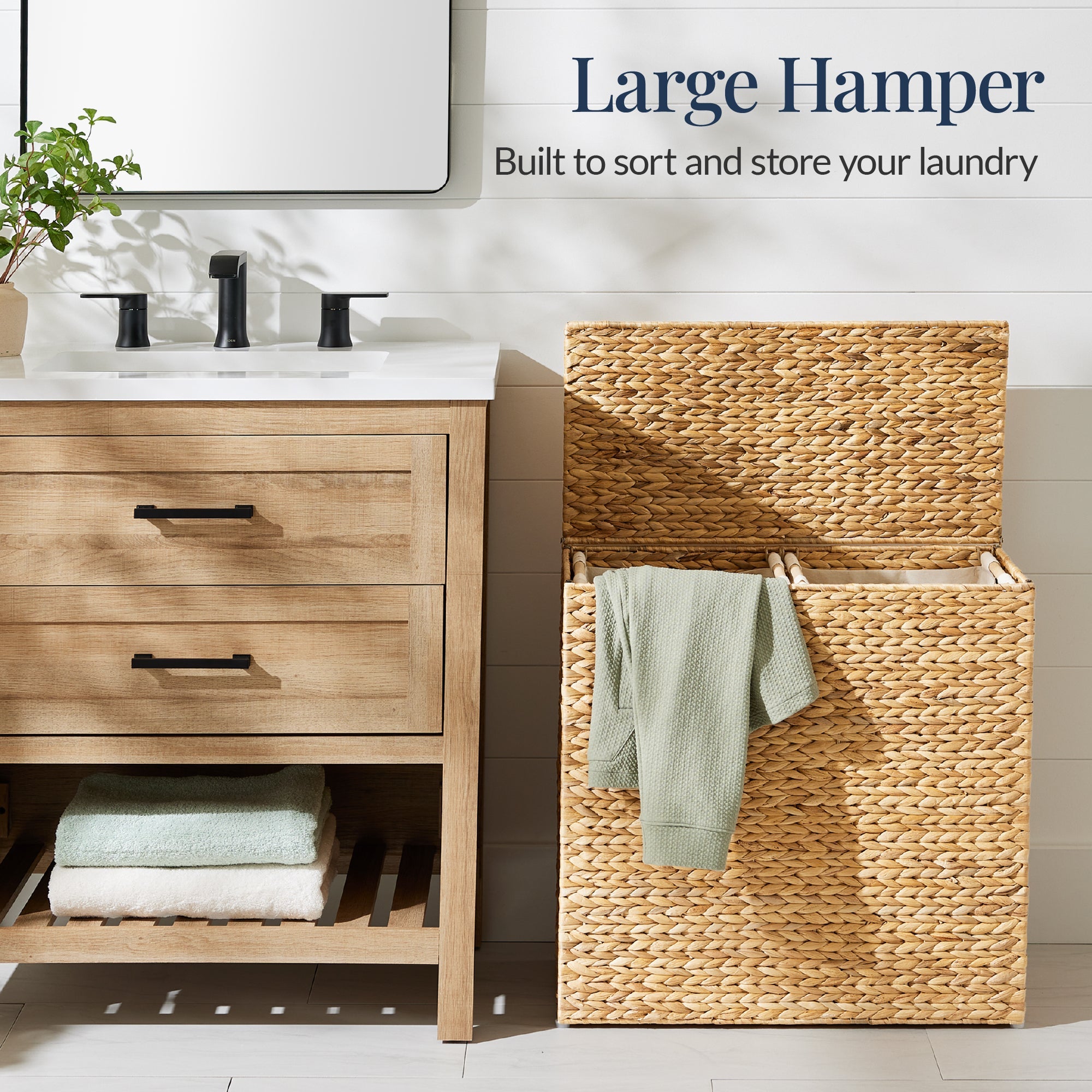 Large Water Hyacinth Double Laundry Hamper Basket w/ 2 Liner Bags