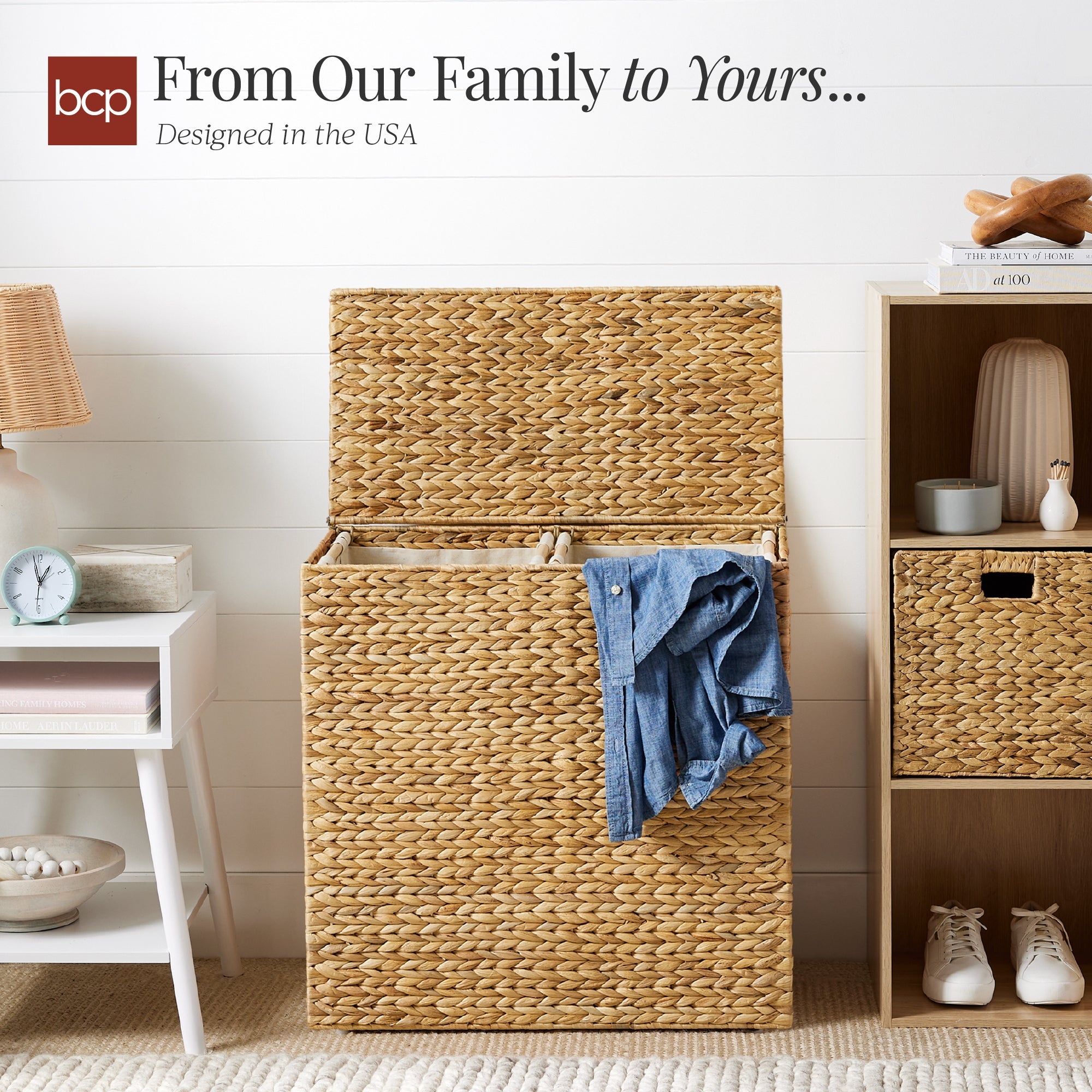 Large Water Hyacinth Double Laundry Hamper Basket w/ 2 Liner Bags