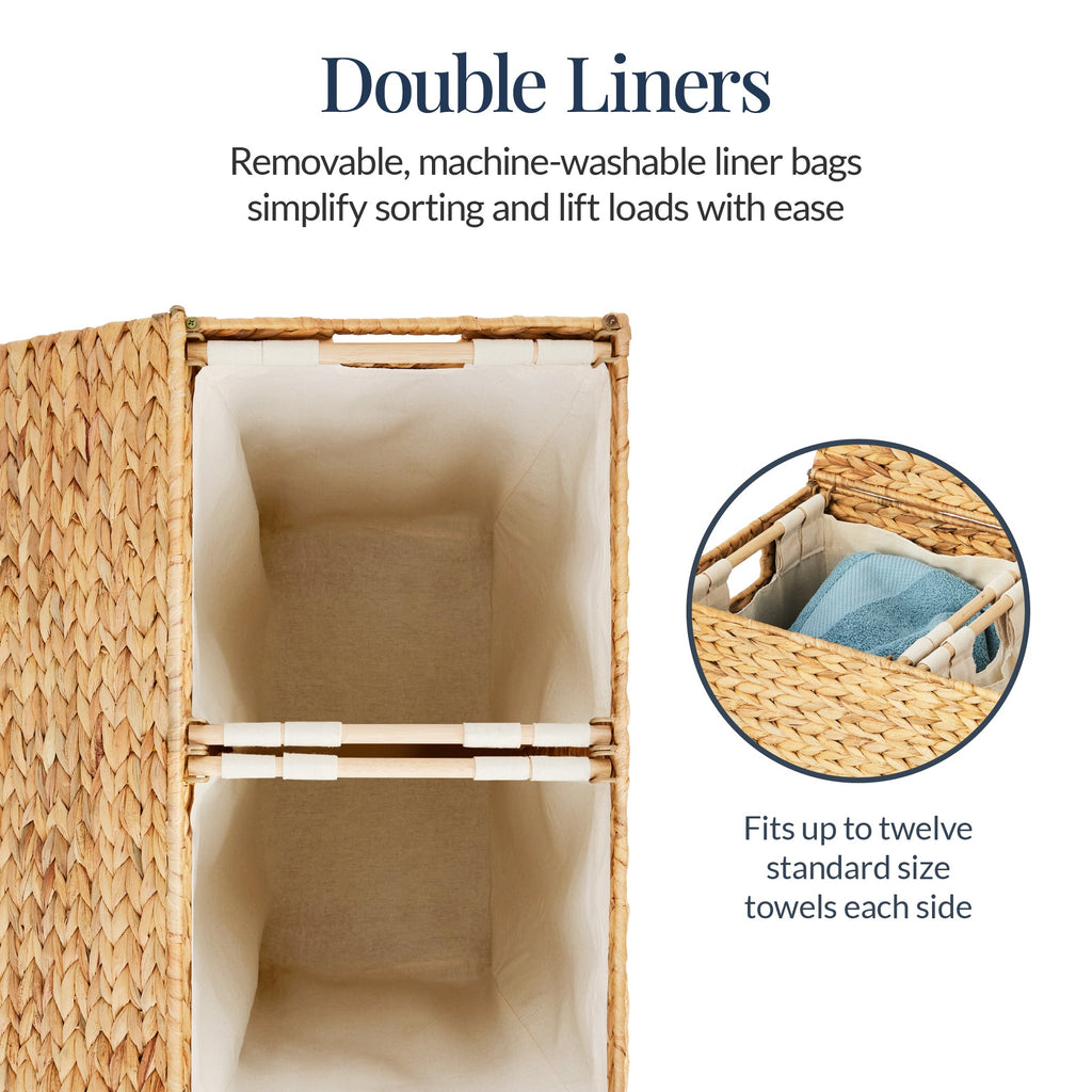 Large Water Hyacinth Double Laundry Hamper Basket w/ 2 Liner Bags