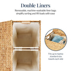 Large Water Hyacinth Double Laundry Hamper Basket w/ 2 Liner Bags