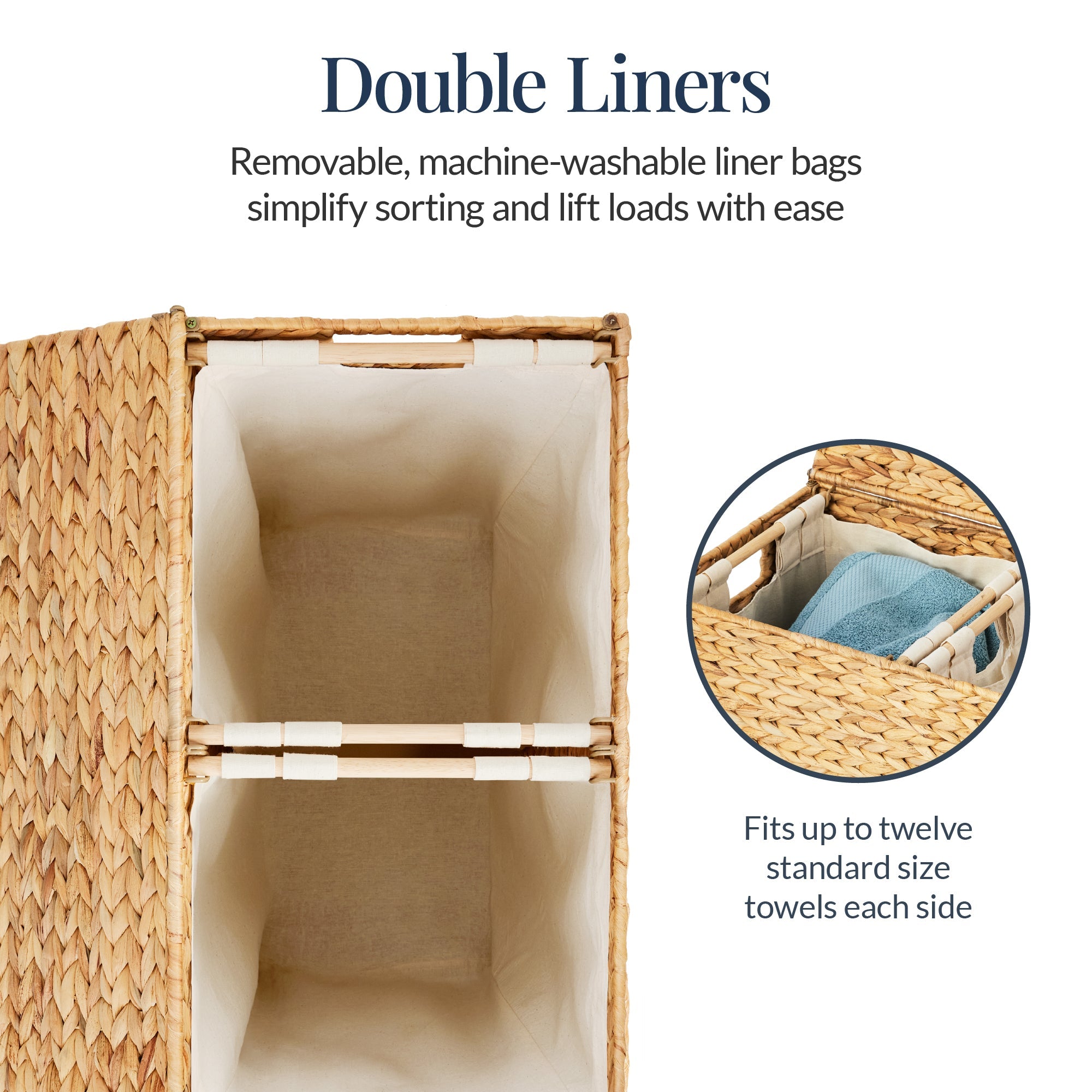 Large Water Hyacinth Double Laundry Hamper Basket w/ 2 Liner Bags