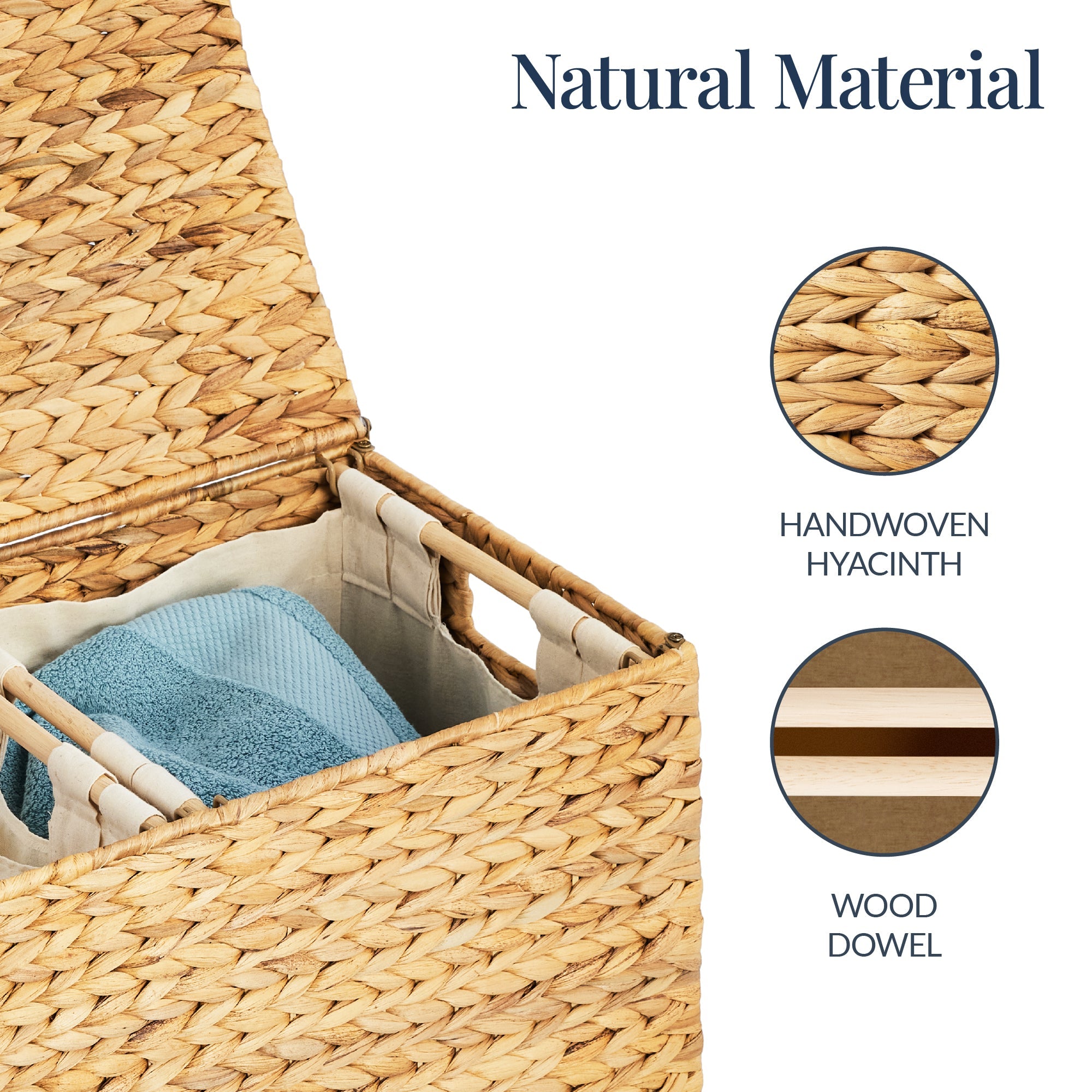 Large Water Hyacinth Double Laundry Hamper Basket w/ 2 Liner Bags