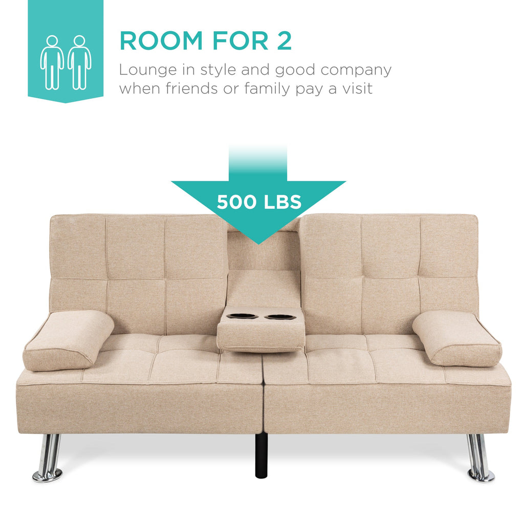 Linen Upholstered Convertible Sofa Bed Futon w/ 2 Cupholders