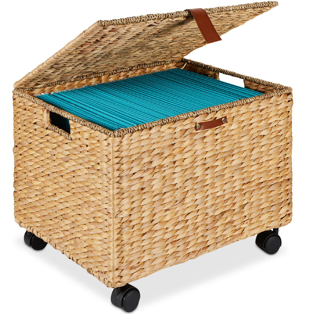 Mobile Water Hyacinth Rolling Filing Cabinet Storage Basket w/ Lid Wheels