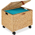 Mobile Water Hyacinth Rolling Filing Cabinet Storage Basket w/ Lid Wheels