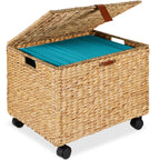 Mobile Water Hyacinth Rolling Filing Cabinet Storage Basket w/ Lid Wheels