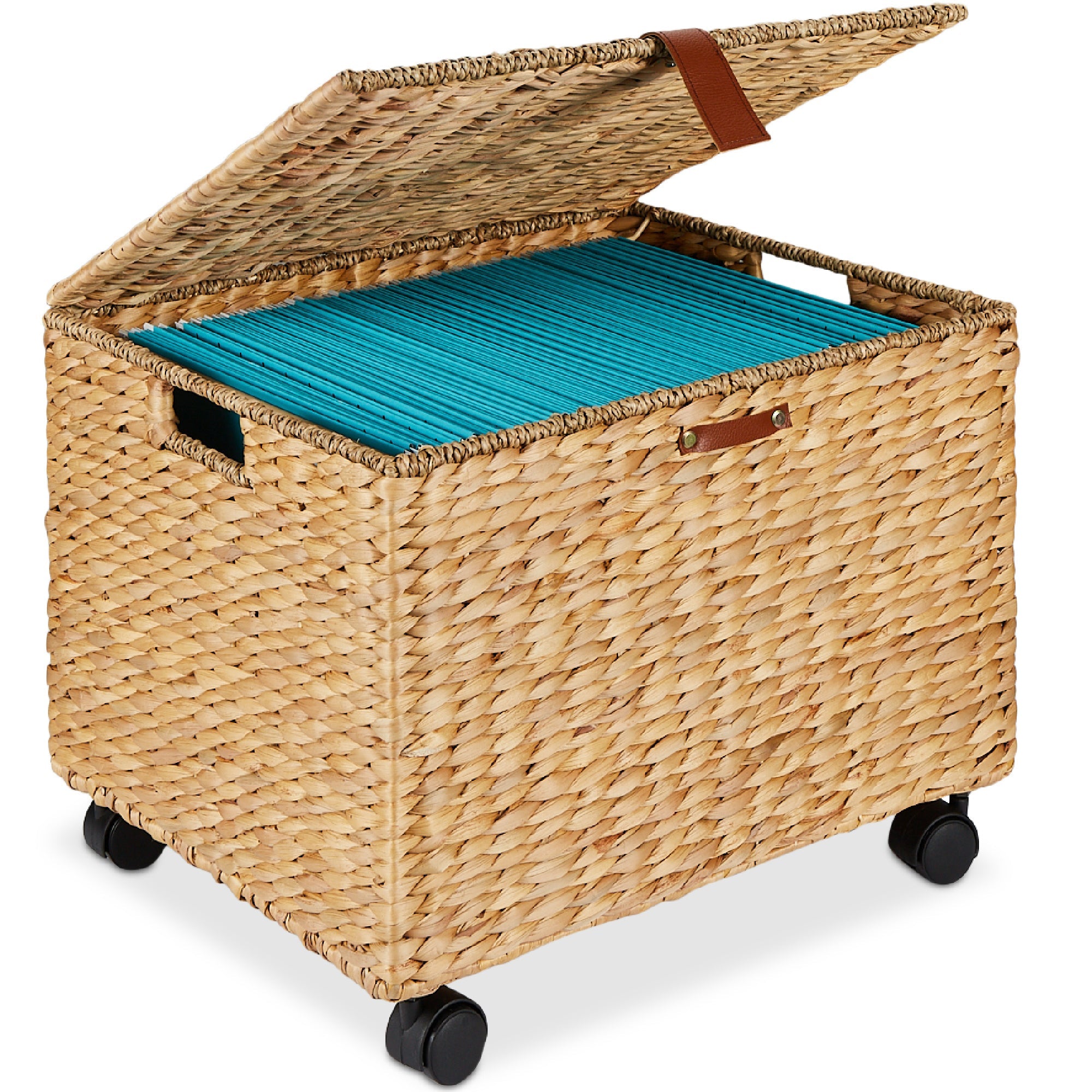Mobile Water Hyacinth Rolling Filing Cabinet Storage Basket w/ Lid Wheels