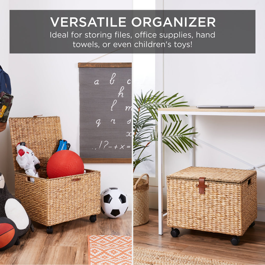 Mobile Water Hyacinth Rolling Filing Cabinet Storage Basket w/ Lid Wheels