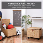 Mobile Water Hyacinth Rolling Filing Cabinet Storage Basket w/ Lid Wheels
