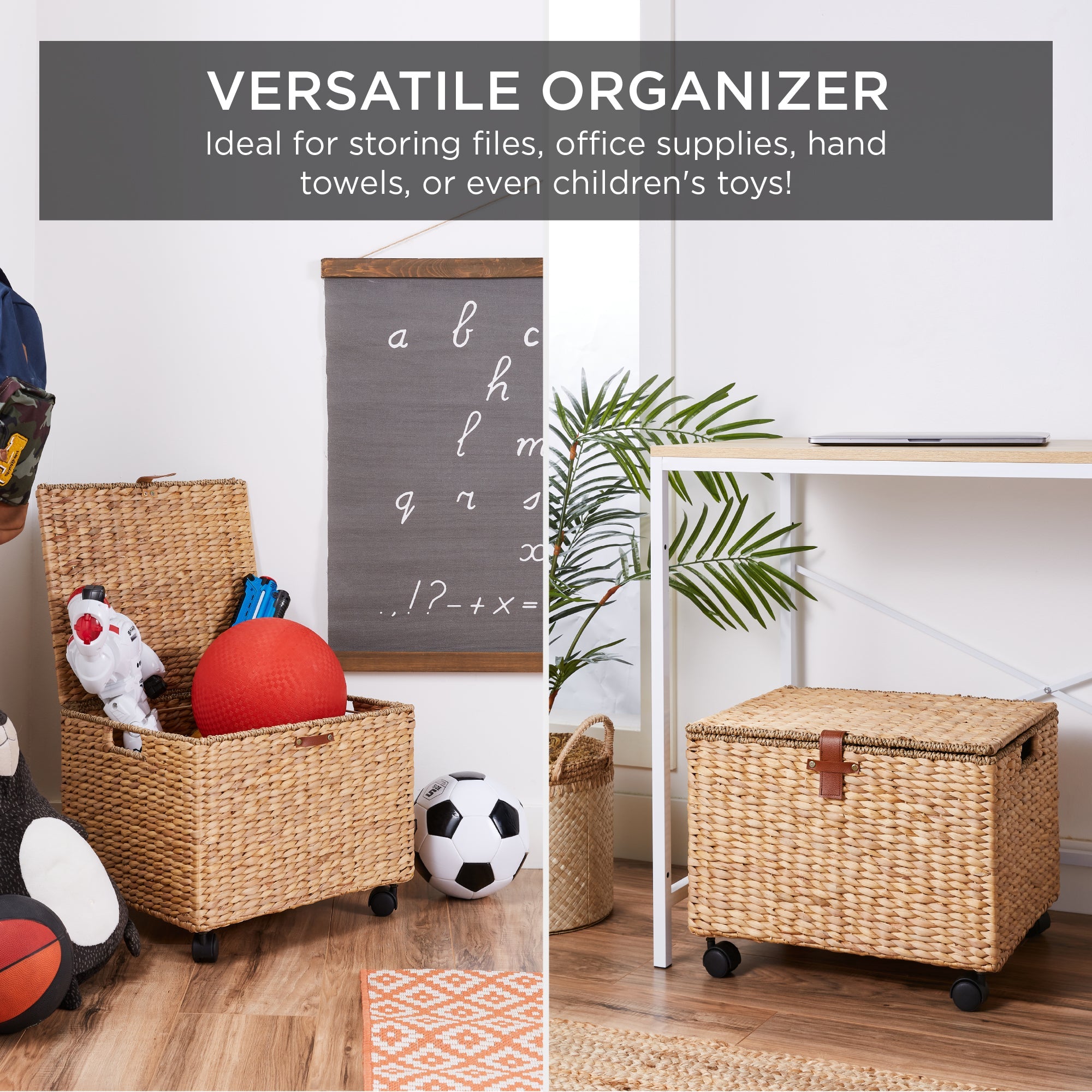 Mobile Water Hyacinth Rolling Filing Cabinet Storage Basket w/ Lid Wheels
