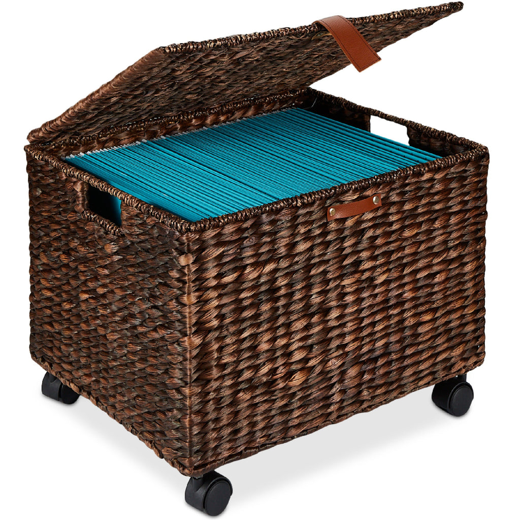Mobile Water Hyacinth Rolling Filing Cabinet Storage Basket w/ Lid Wheels