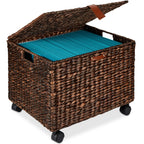Mobile Water Hyacinth Rolling Filing Cabinet Storage Basket w/ Lid Wheels