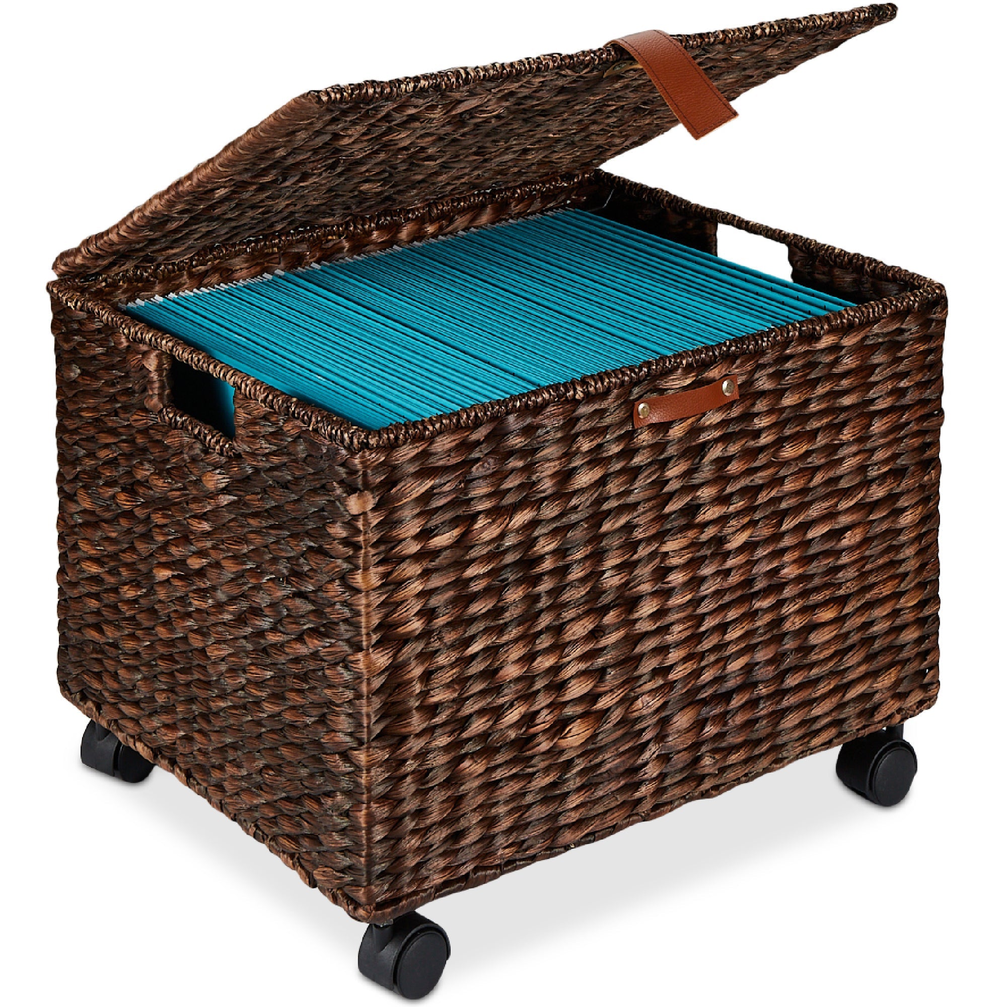 Mobile Water Hyacinth Rolling Filing Cabinet Storage Basket w/ Lid Wheels