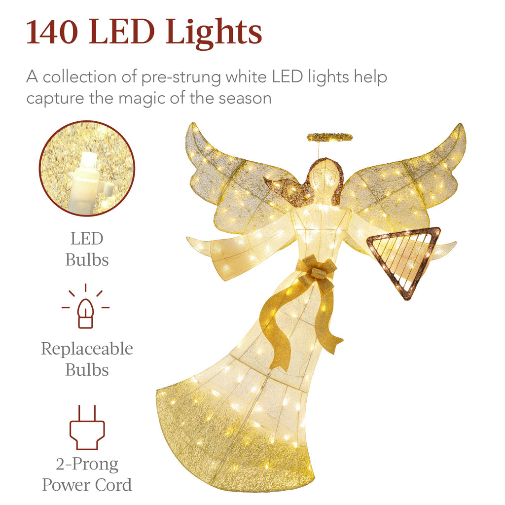 Lighted Outdoor Angel Christmas Decoration w/ 140 Lights Harp Stakes - 5ft