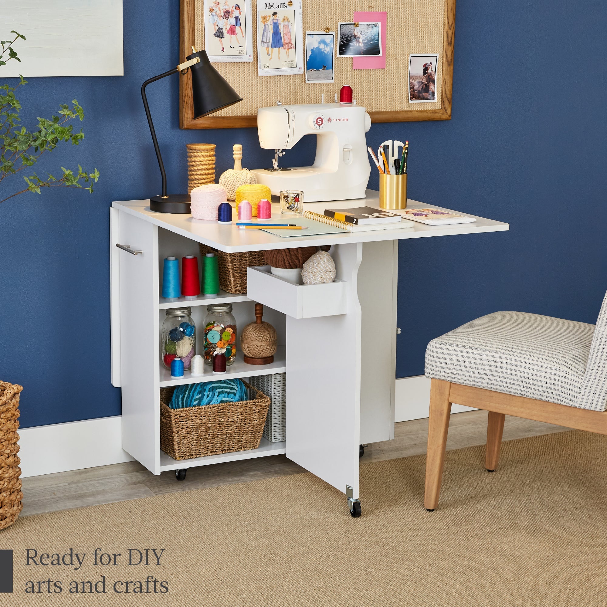 Multipurpose Folding Table w/ Wheels 3 Storage Shelves Cubby Handle
