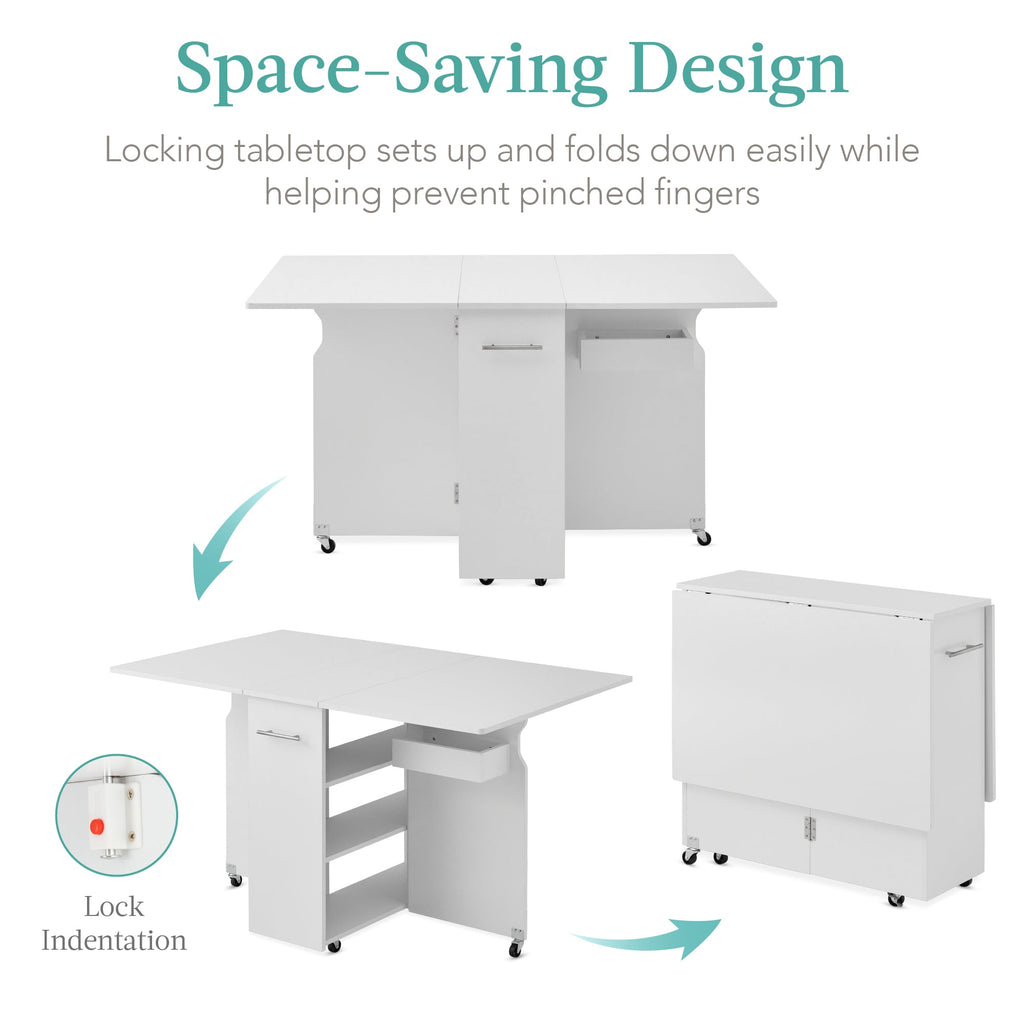 Multipurpose Folding Table w/ Wheels 3 Storage Shelves Cubby Handle