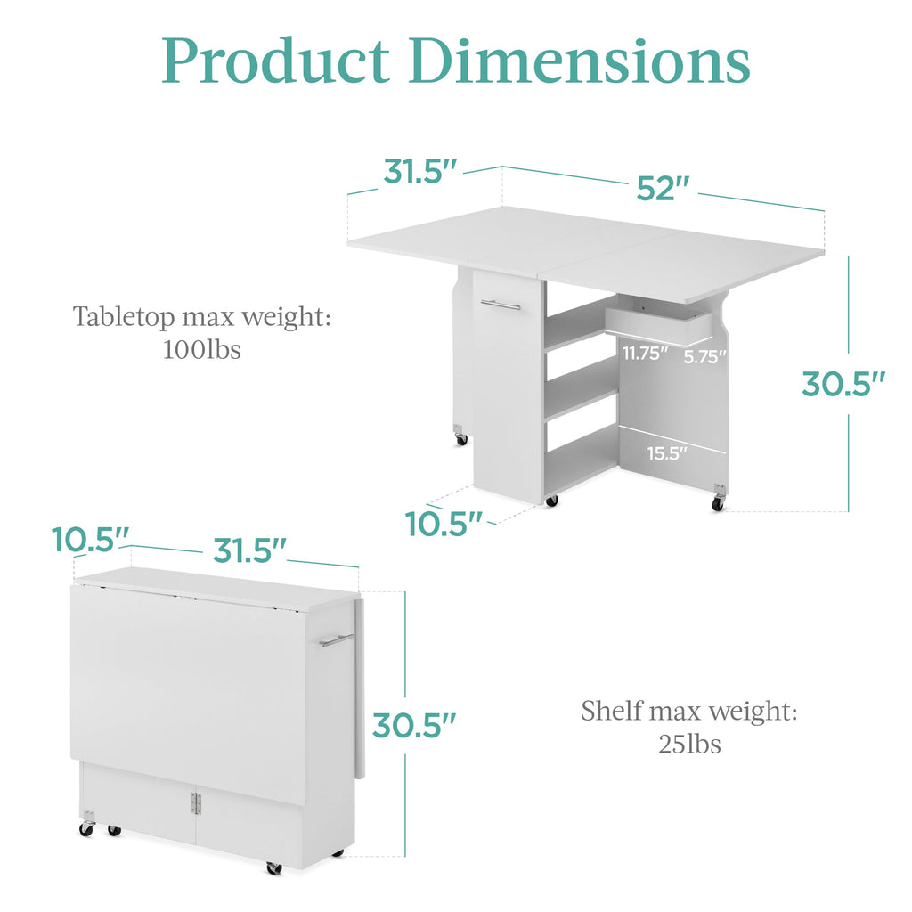 Multipurpose Folding Table w/ Wheels 3 Storage Shelves Cubby Handle