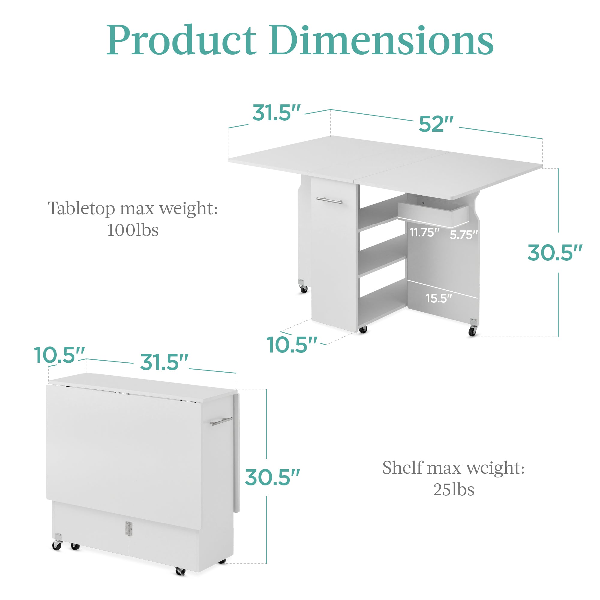 Multipurpose Folding Table w/ Wheels 3 Storage Shelves Cubby Handle