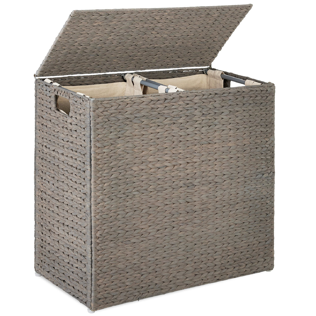Large Water Hyacinth Double Laundry Hamper Basket w/ 2 Liner Bags
