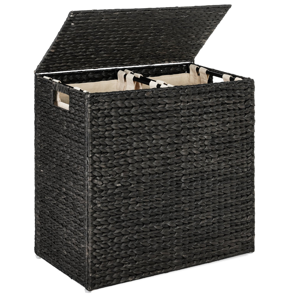Large Water Hyacinth Double Laundry Hamper Basket w/ 2 Liner Bags