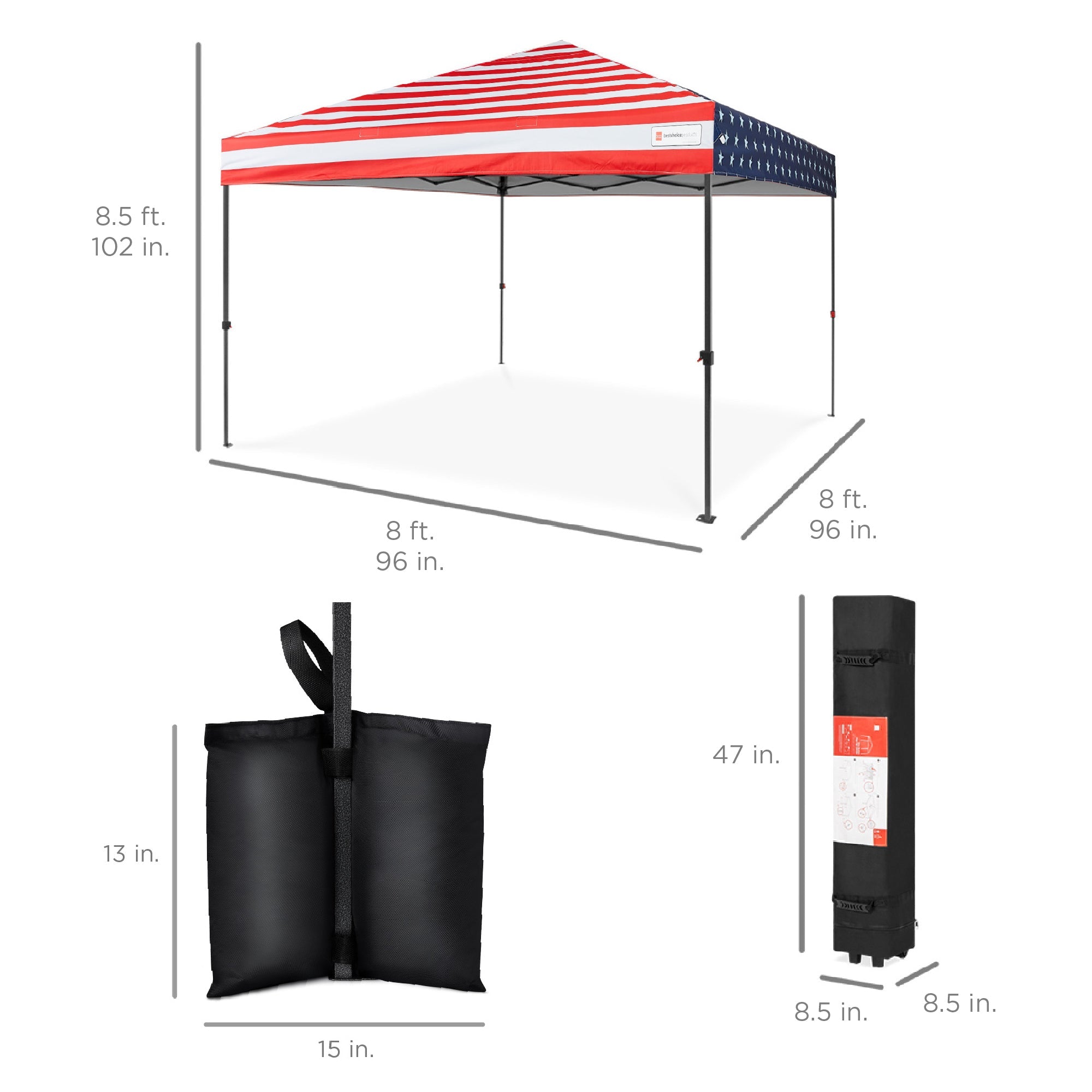 One-Person Setup Instant Pop Up Canopy w/ Case 4 Weight Bags - 8x8ft
